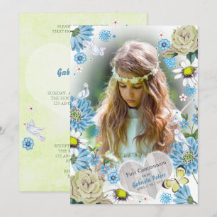 Invitación Elegante Azul y Verde Floral Primera Comunión