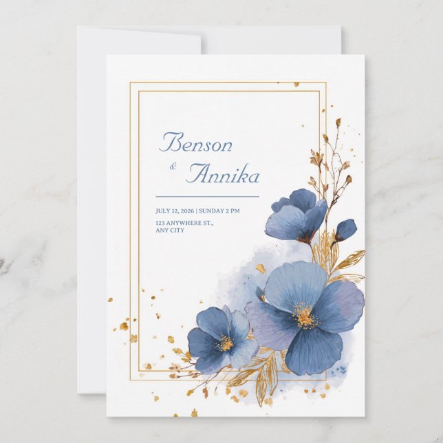 Invitación Elegante Azure Blue Blooms y Gold Leaf Boda (Anverso)