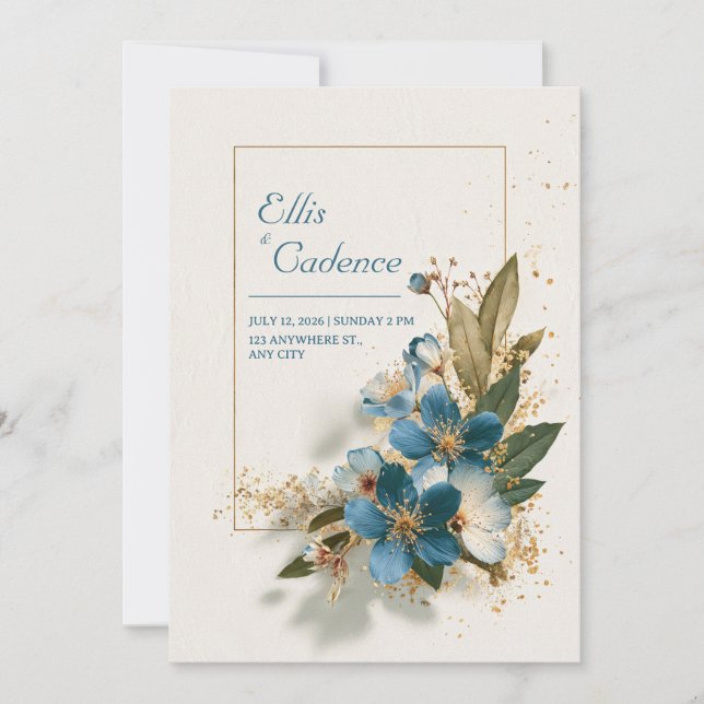 Invitación Elegante Azure Blue Floral & Gold Boda (Anverso)