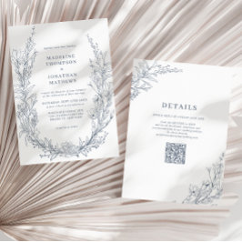 Invitación Elegante Azure Ivory Floral Wreath QR Code Boda