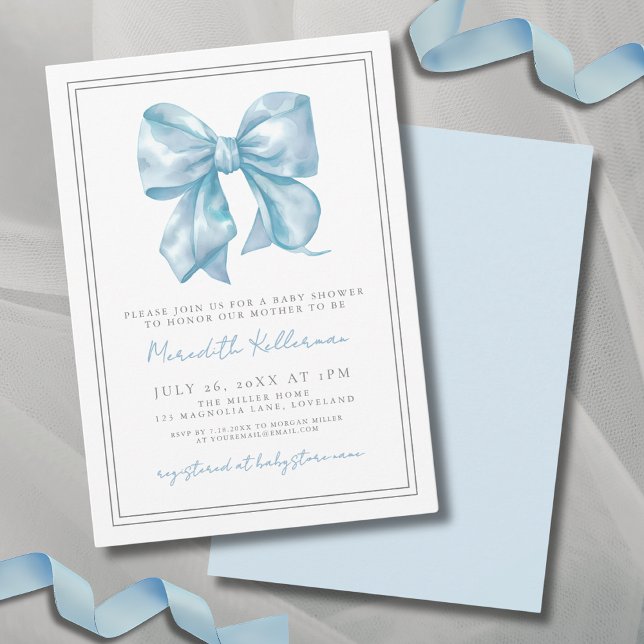 Invitación Elegante Baby Blue Bow Baby Shower (Elegant Baby Blue Bow Baby Shower Invitation)