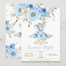 Invitación Elegante Baby Blue Floral Elephant Boy Baby Shower
