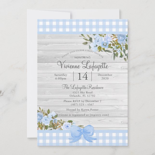 Invitación Elegante Baby Blue Gingham Floral Baby Shower (Anverso)