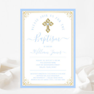 Invitación Elegante Baby Blue Gold Boy Baptismo