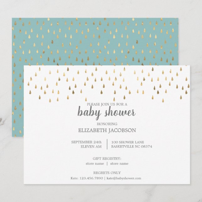 Invitación Elegante Baby Blue & Gold Raindrop Baby Shower (Anverso / Reverso)