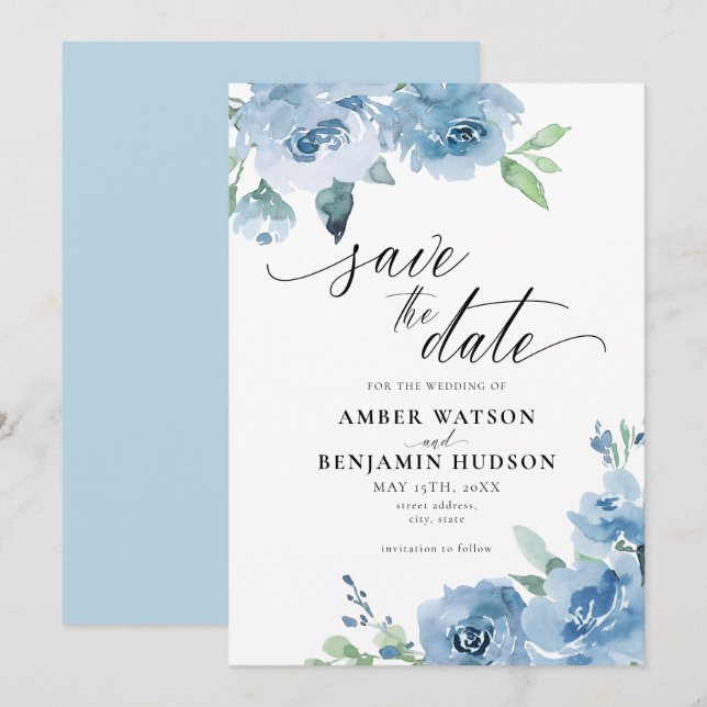 Invitación Elegante Baby Blue Light Boho Floral Salvar La Fec (Anverso / Reverso)