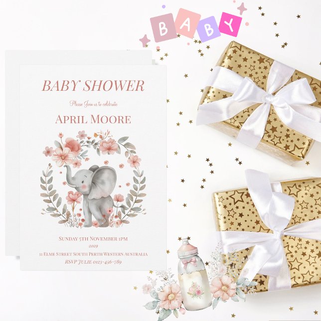 Invitación Elegante Baby Girl Elephant Baby Shower (Cute Baby Girl Baby Shower Invitation)