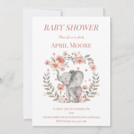 Invitación Elegante Baby Girl Elephant Baby Shower