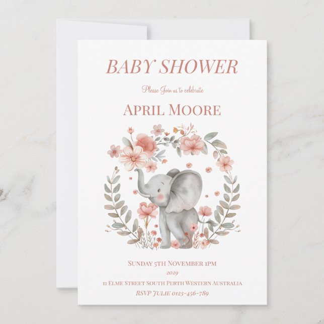 Invitación Elegante Baby Girl Elephant Baby Shower (Anverso)