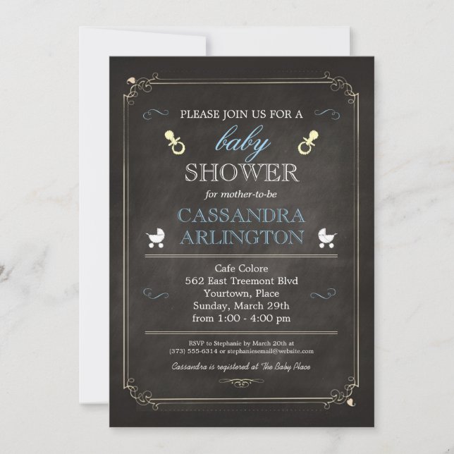 Invitación Elegante Baby Shower azul de cartón marco (Anverso)