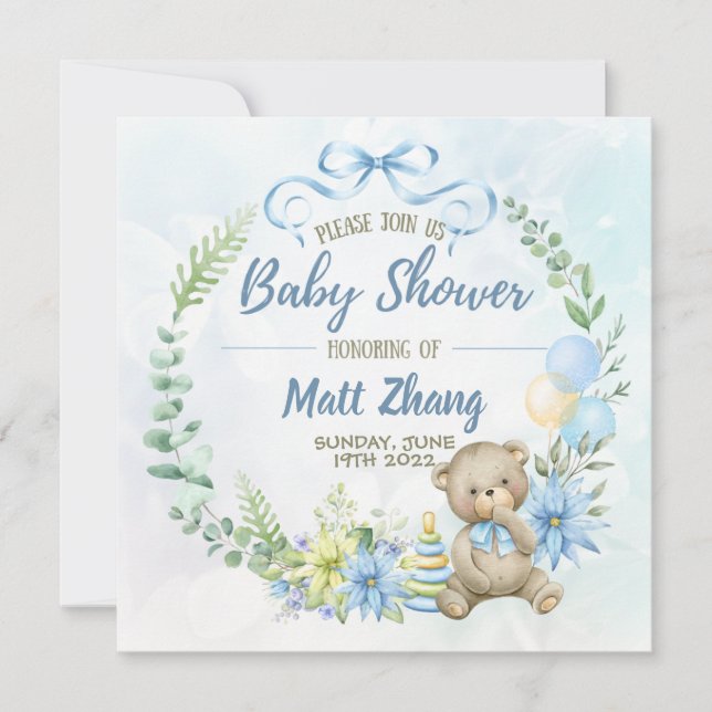 Invitación Elegante Baby Shower azul pastel y blanco (Anverso)