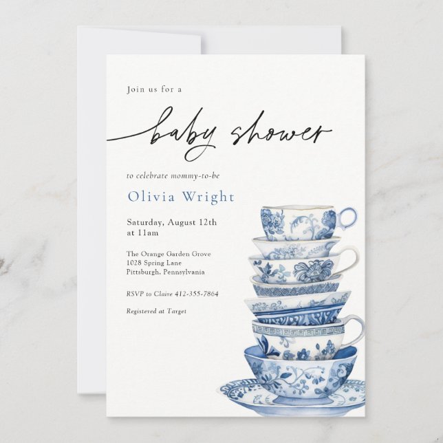 Invitación Elegante Baby Shower azul y blanco de té (Anverso)