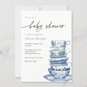 Invitación Elegante Baby Shower azul y blanco de té