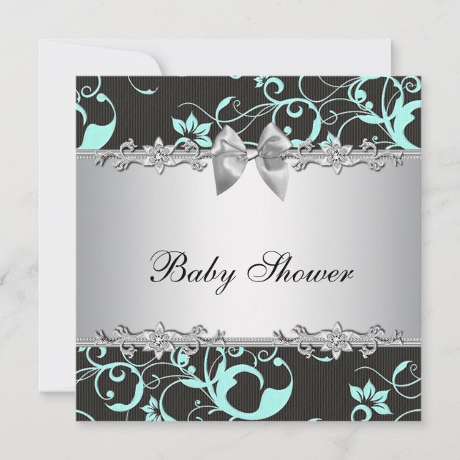 Invitación Elegante Baby Shower azul y gris Verde azulado (Anverso)