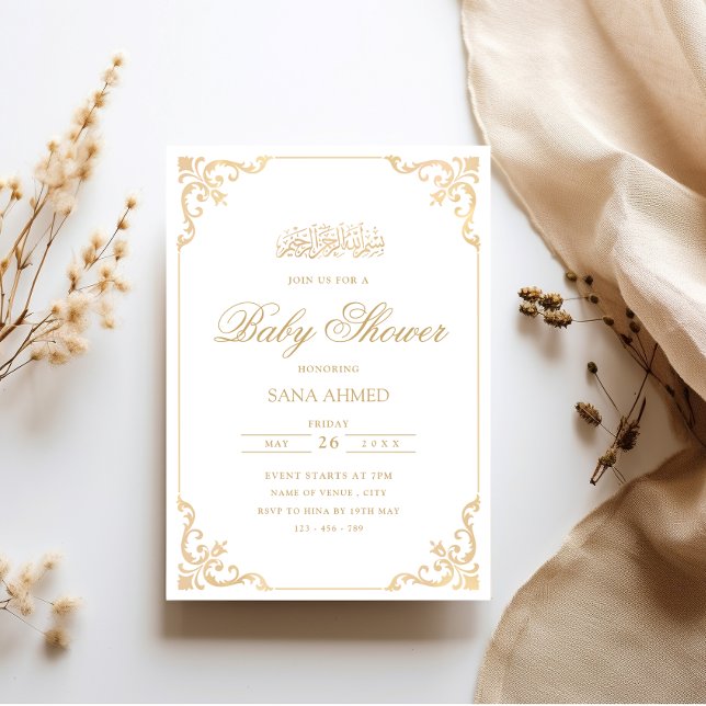 Invitación Elegante Baby Shower barroco con escritura de oro  (Subido por el creador)