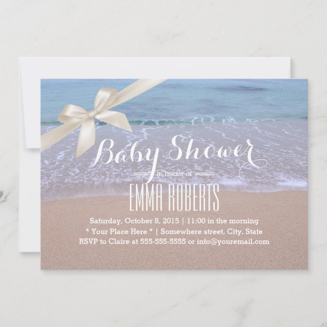 Invitación Elegante Baby Shower Beach con cinta de marfil (Anverso)