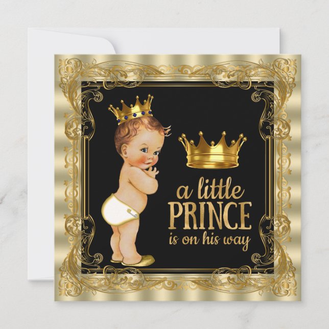 Invitación Elegante Baby Shower Black and Gold Prince (Anverso)