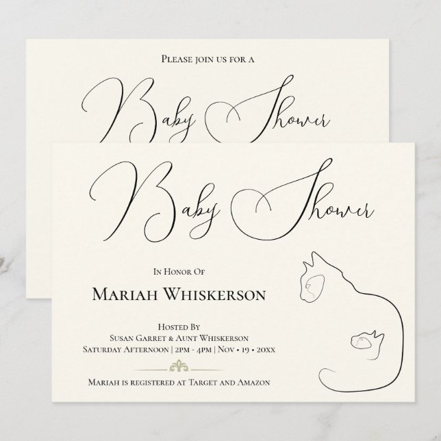Invitación Elegante Baby Shower Black & Cream Cat Lover (Anverso / Reverso)