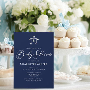Invitación Elegante Baby Shower blanco azul medianoche