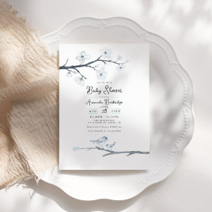Invitación Elegante Baby Shower Blue Bird and Cherry Blossom