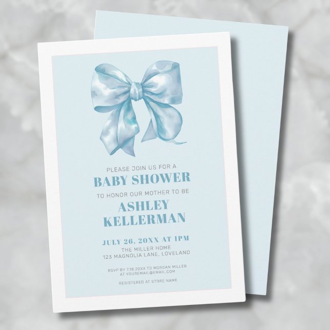 Invitación Elegante Baby Shower Blue Bow (Blue Bow Baby Shower Invitation)