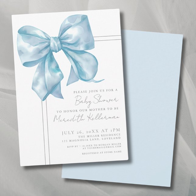 Invitación Elegante Baby Shower Blue Bow (Elegant Light Blue Bow Baby Shower Invitation )