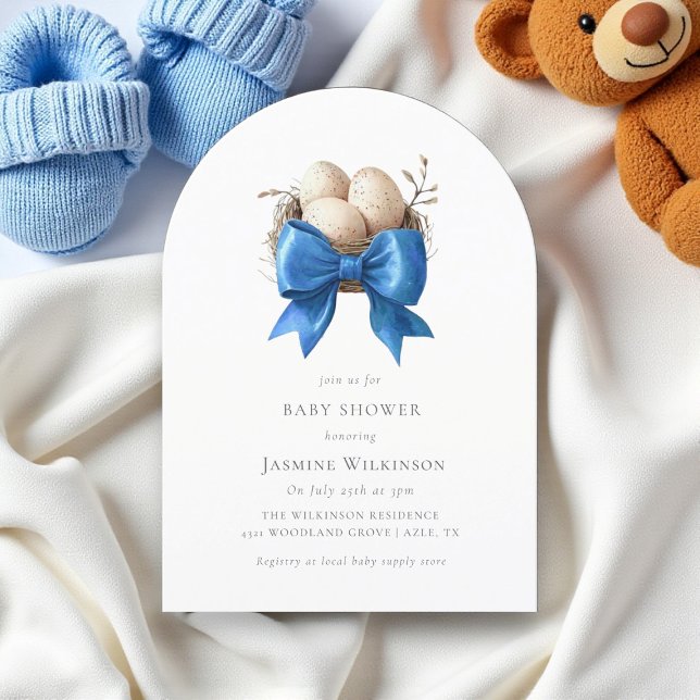 Invitación Elegante Baby Shower Blue Bow Nest (Subido por el creador)