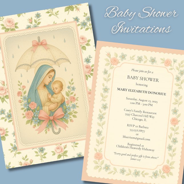 Invitación Elegante Baby Shower Blue Floral Religioso (Subido por el creador)