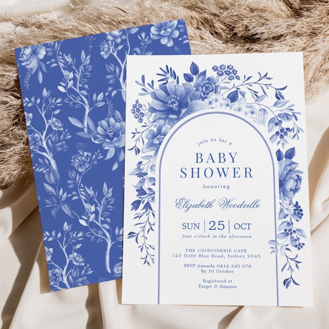Invitación Elegante Baby Shower Blue White Floral Chinoiserie (Subido por el creador)