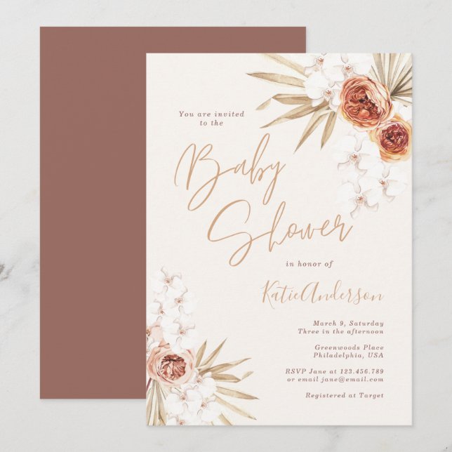 Invitación Elegante Baby Shower bohemiano de pampas (Anverso / Reverso)