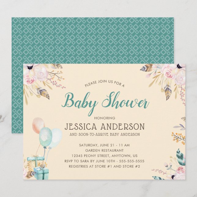 Invitación Elegante Baby Shower Boho Acuarela (Anverso / Reverso)