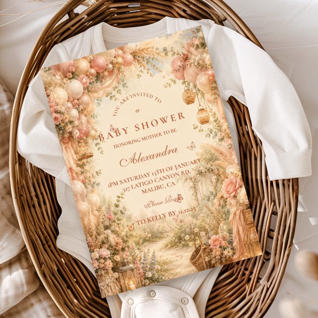 Invitación Elegante Baby Shower Boho Rosa (Subido por el creador)