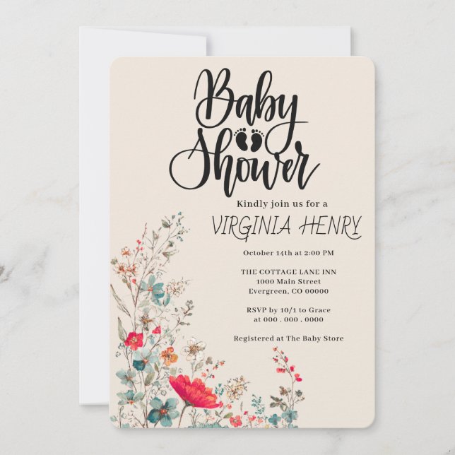 Invitación Elegante Baby Shower Boho Wildflower (Anverso)