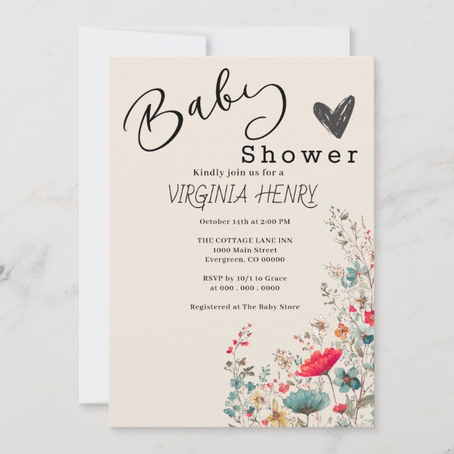 Invitación Elegante Baby Shower Boho Wildflower (Anverso)