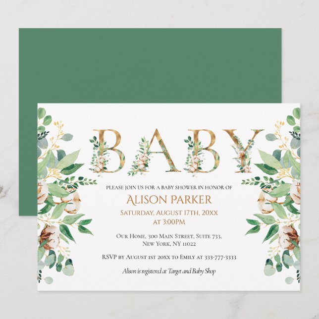 Invitación Elegante Baby Shower Botánico Eucalyptus Gold (Anverso / Reverso)