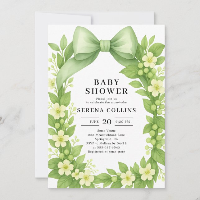 Invitación Elegante Baby Shower Botánico Green Bow (Anverso)