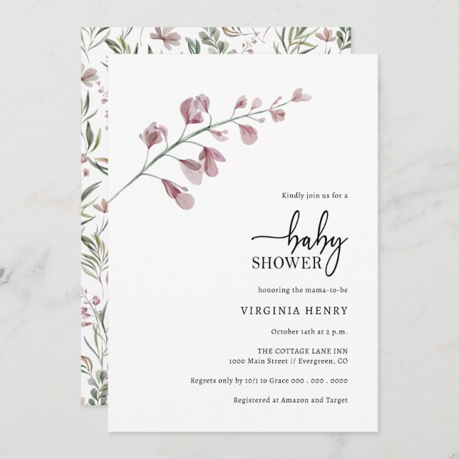 Invitación Elegante Baby Shower Botánico Simple (Anverso / Reverso)