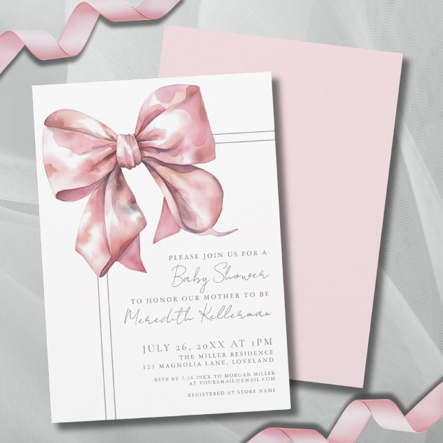 Invitación Elegante Baby Shower Bow Rosa (Elegant Pink Bow Baby Shower Invitation)