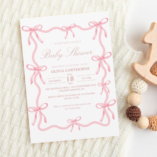 Invitación Elegante Baby Shower Bow Rosa (Subido por el creador)