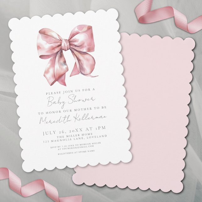 Invitación Elegante Baby Shower Bow Rosa (Watercolor Pink Bow Baby Shower Invitation)