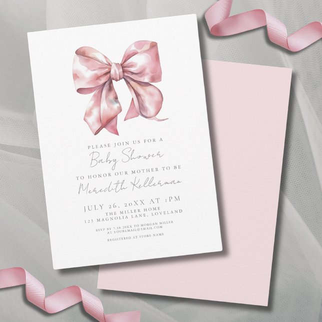 Invitación Elegante Baby Shower Bow Rosa (Simple Elegant Pink Bow Baby Shower Invitation)