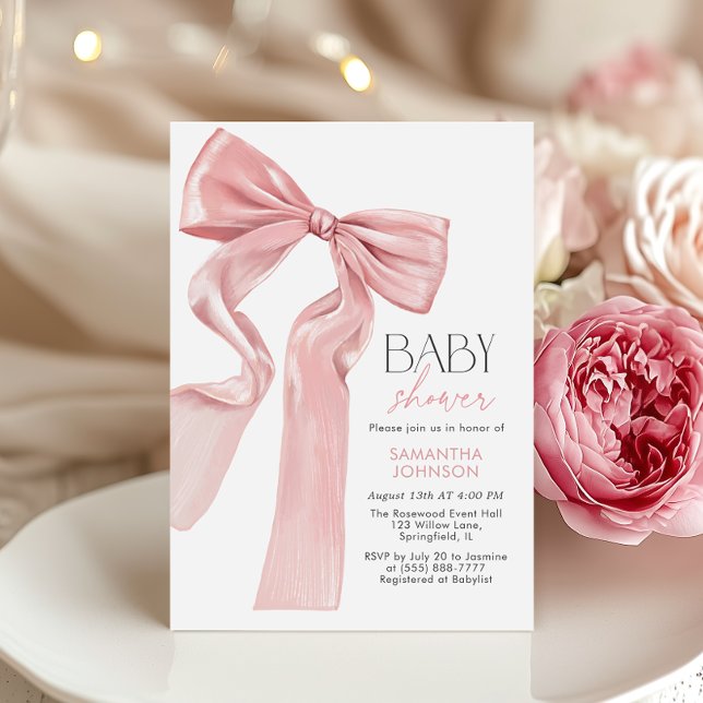 Invitación Elegante Baby Shower Bow Rosado Coquette (Subido por el creador)