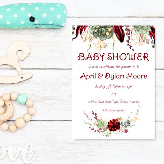 Invitación Elegante Baby Shower Burgundy Floral para Parejas