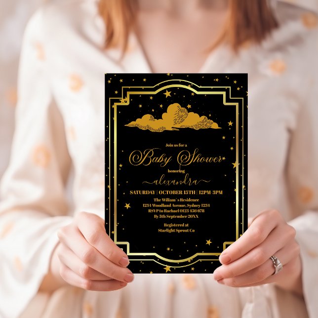 Invitación Elegante Baby Shower Celestial de Oro Negro (Subido por el creador)