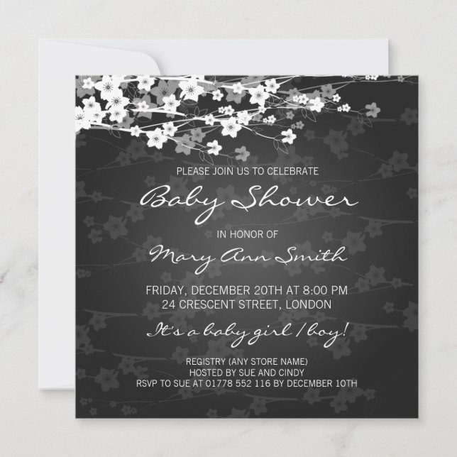 Invitación Elegante Baby Shower Cherry Blossom Black (Anverso)