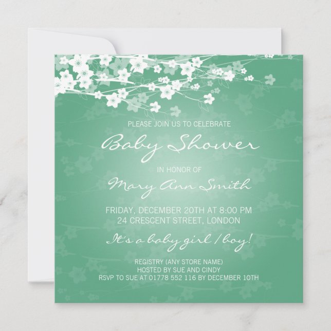Invitación Elegante Baby Shower Cherry Blossom Mint (Anverso)