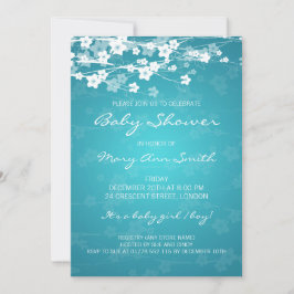 Invitación Elegante Baby Shower Cherry Blossom Turquoise