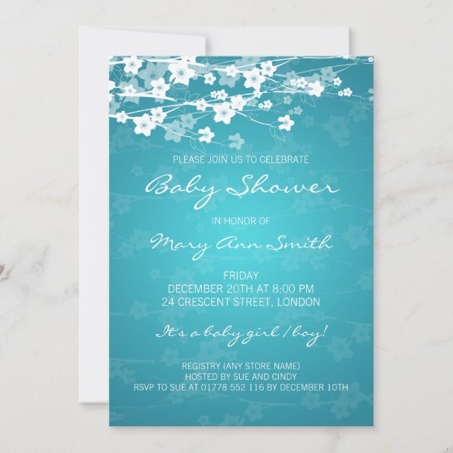 Invitación Elegante Baby Shower Cherry Blossom Turquoise (Anverso)