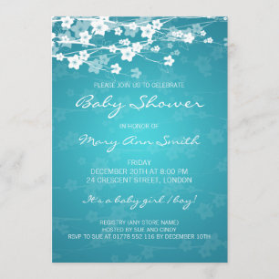Invitación Elegante Baby Shower Cherry Blossom Turquoise
