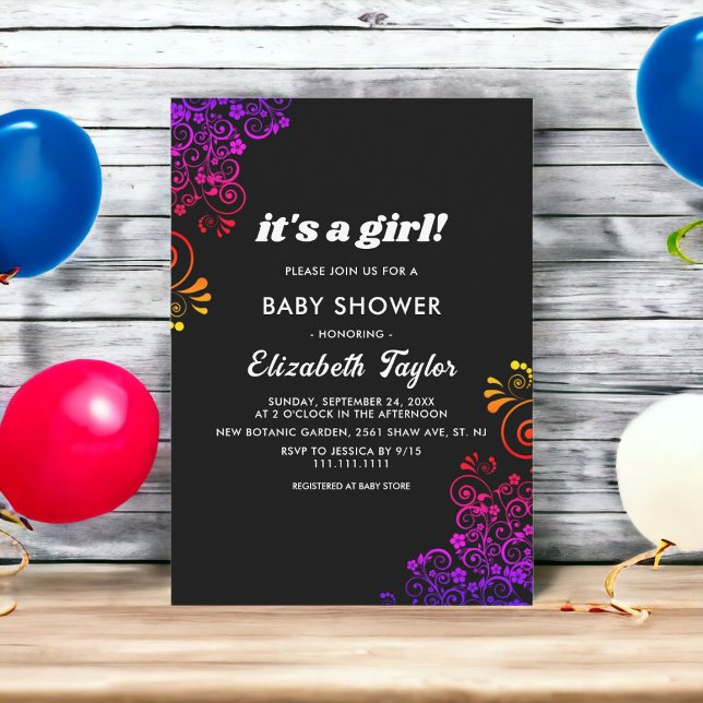 Invitación Elegante Baby Shower Chica floral neón blanco y ne (Subido por el creador)